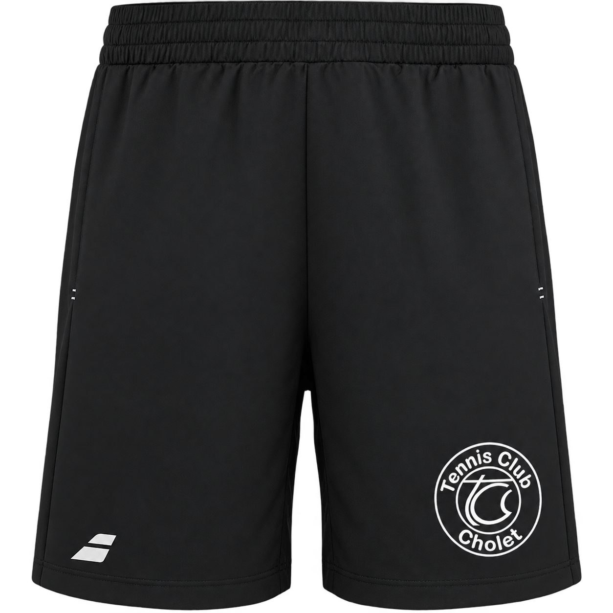 Short Babolat homme noir avec logo Tennis Club Cholet blanc sur la jambe gauche